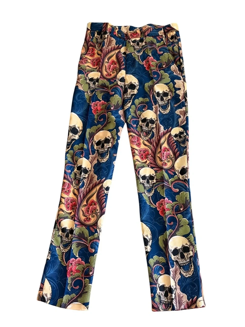 Halloween Bold Blue Floral & Skull Print Men's Suit Jacket, Pants and Tie Sz M